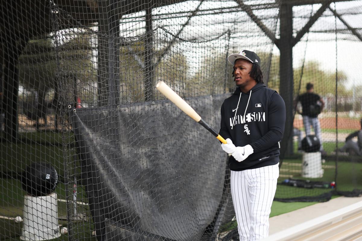 Chicago White Sox players Luisangel Acuña stands outside the batting cages during Spring Training at Camelback Ranch–Glendale in Phoenix, Ariz., on Monday, Feb. 16, 2026.