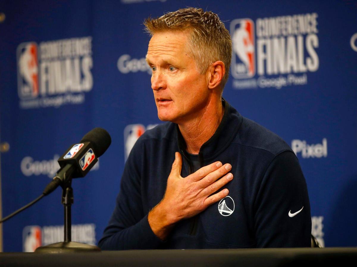 Golden State Warriors head coach Steve Kerr talks about gun violence during a news conference before Game 4 of the Western Conference Finals at the American Airlines Center on Tuesday, May 24, 2022, in Dallas.