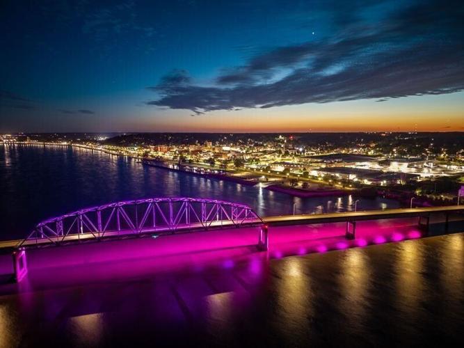 The Norbert F. Beckey Bridge lights up the night, June 15, 2026, in Muscatine, Iowa.