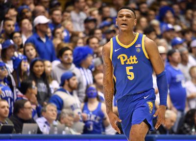 In this photo from January 28, 2020, Au'Diese Toney of the Pittsburgh Panthers reacts during the second half against the Duke Blue Devils at Cameron Indoor Stadium in Durham, North Carolina.