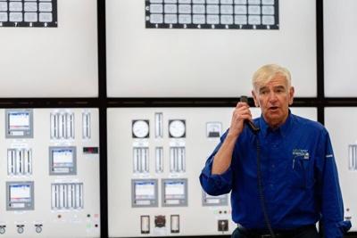 Wayne Render participates in Monday, April 20, training simulation in Hiawatha during a tour of a new facility designed to get workers ready for the reopening of the Duane Arnold nuclear power plant near Cedar Rapids.