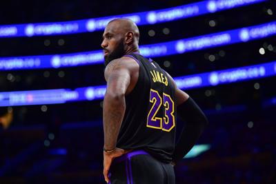 Lakers forward LeBron James looks on during the second half of Game 4 of the second round of the 2026 NBA playoffs at Crypto.com Arena in Los Angeles on May 11, 2026.