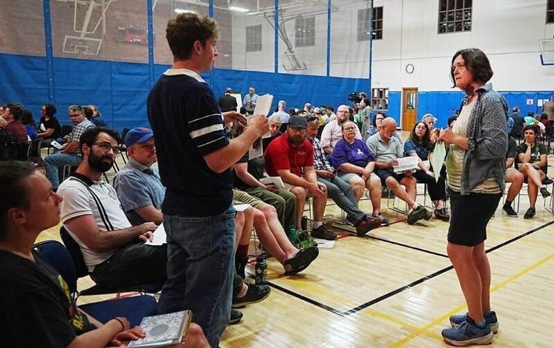 City council member Bronwyn Beatty-Hansen listens to residents during the Ames City Council's listening session about a possible data center on Tuesday, June 30, at City Auditorium in Ames, Iowa.