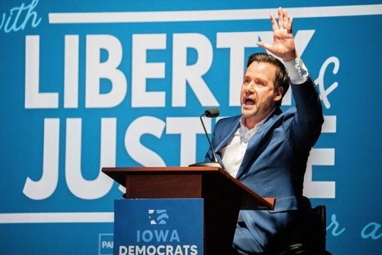 Democratic U.S. Senate candidate Josh Turek speaks to supporters during the Iowa Democrats’ Liberty and Justice fundraiser on July 12, 2026, at the Prairie Meadows Events Center in Altoona.