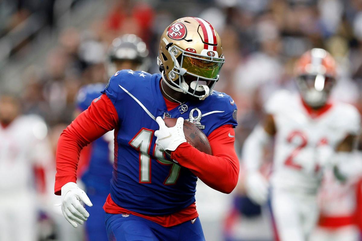 Deebo Samuel of the San Francisco 49 ers and NFC runs with the ball in the first quarter of the 2022 NFL Pro Bowl against the AFC at Allegiant Stadium on Feb. 6, 2022, in Las Vegas, Nevada.