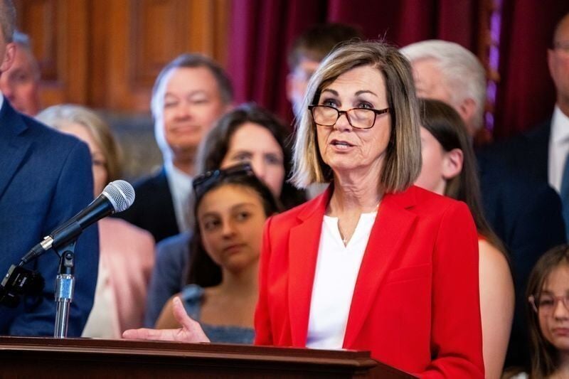 Gov. Kim Reynolds speaks during a bill signing for the state's agriculture budget, HF 2771, and the Iowa Farm Bill, SF 2465, on June 1, 2026, at the Iowa State Capitol.