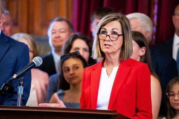 Gov. Kim Reynolds speaks during a bill signing for the state's agriculture budget, HF 2771, and the Iowa Farm Bill, SF 2465, on June 1, 2026, at the Iowa State Capitol.