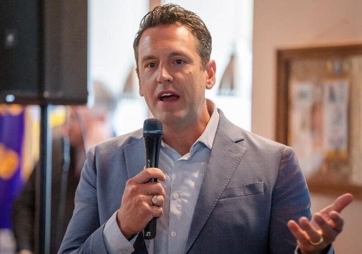 Zach Lahn, Republican candidate for Iowa governor, speaks to local residents during a meet and greet, Aug. 5, 2026 in Parkersburg.