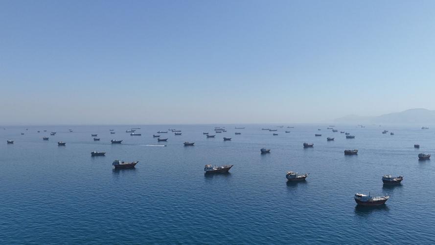 A drone view of vessels anchored in the Strait of Hormuz as seen from Musandam