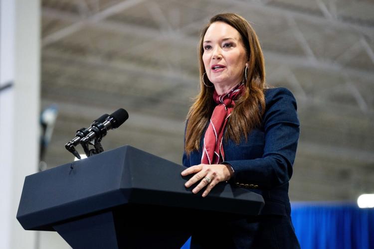 U.S. Ag. Sec. Brooke Rollins speaks to the crowd on May 5, 2026, at Ex-Guard in Des Moines.