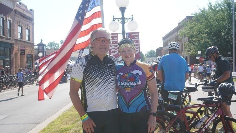 Ron and Kelley Peel in Perry on Day 3 of RAGBRAI 2026, Tuesday, July 21, 2026. They met on RAGBRAI 41 years ago.