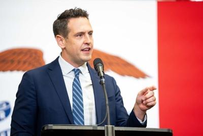 Iowa Republican gubernatorial candidate Zach Lahn speaks to delegates at the Iowa GOP state convention on June 13, 2026, at the Horizon Events Center in Clive.