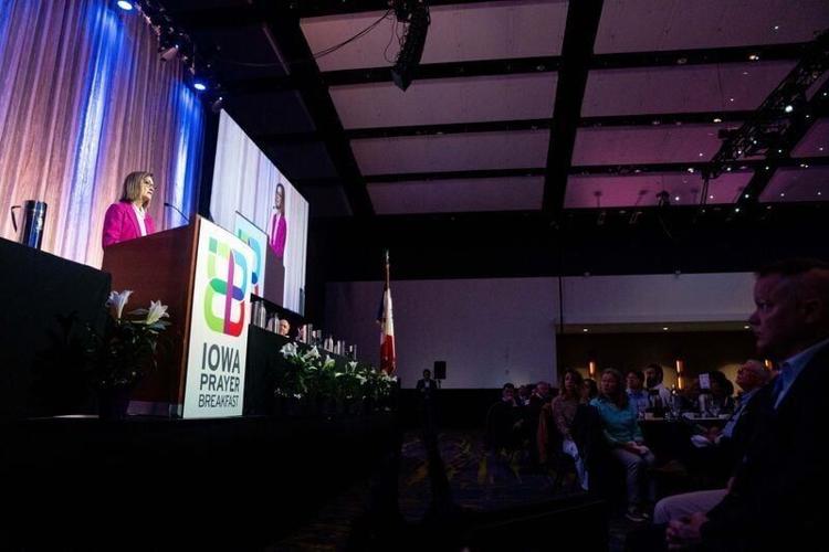 Gov. Kim Reynolds speaks at the annual Iowa Prayer Breakfast on April 2, 2026, at the Community Choice Credit Union Convention Center in Des Moines.