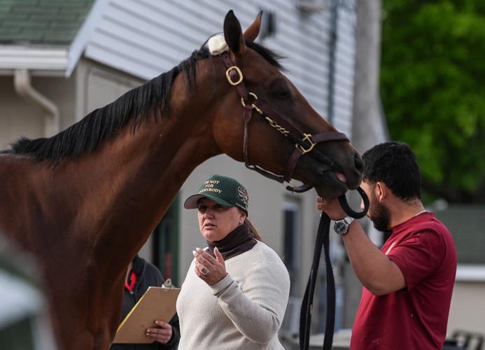 2026 Kentucky Derby trainer Cherie DeVaux working April 27, 2026 on the backside of Churchill Downs in Louisville, Kentucky. She
