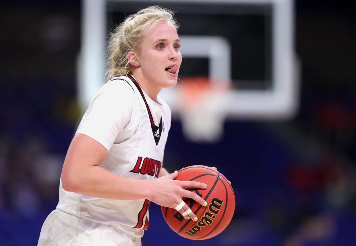Hailey Van Lith #10 of the Louisville Cardinals looks to pass during the second half against the Oregon Ducks in the Sweet Sixteen round of the NCAA Women's Basketball Tournament at the Alamodome on March 28, 2021, in San Antonio, Texas.