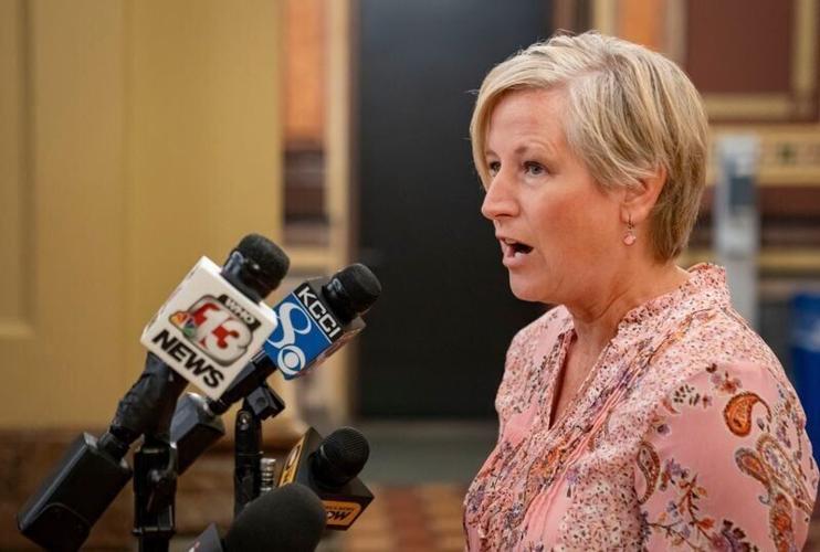 Maggie DeWitte, Executive Director of Pulse Life Advocates, speaks during a press conference at the Iowa State Capitol after the Iowa Supreme Court allowed enforcement of Iowa's "fetal heartbeat" abortion law Friday, June 28, 2024.