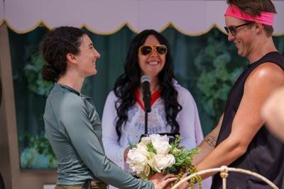 Kennedy Burch and Nick Charlson freshly renew their vows on Day 4 of RAGBRAI, Wednesday, July 22, 2026 in Nevada. The couple was recently married in May, but figured it was time.