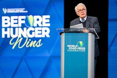 Actor Martin Sheen speaks at the Norman E. Borlaug International Dialogue hosted by the World Food Prize Foundation, Tuesday, October 20, 2026, at the Iowa Events Center in Des Moines.