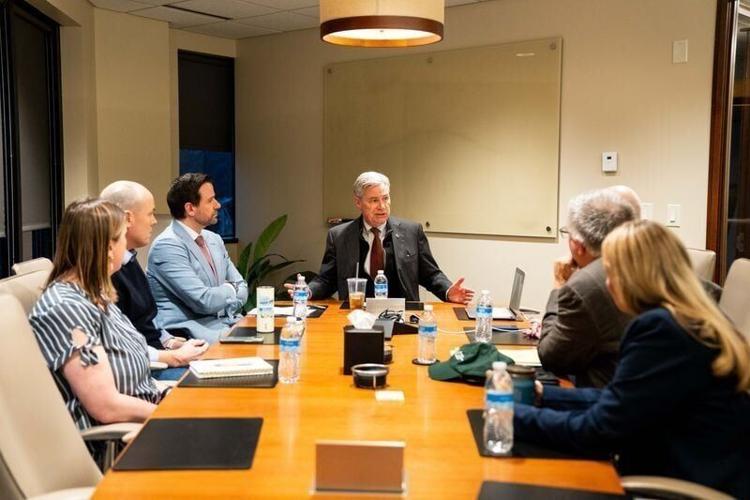 U.S. Sen. Sheldon Whitehouse, D-RI, speaks during a roundtable on extreme weather and rising insurance costs on April 9, 2026, in Des Moines.