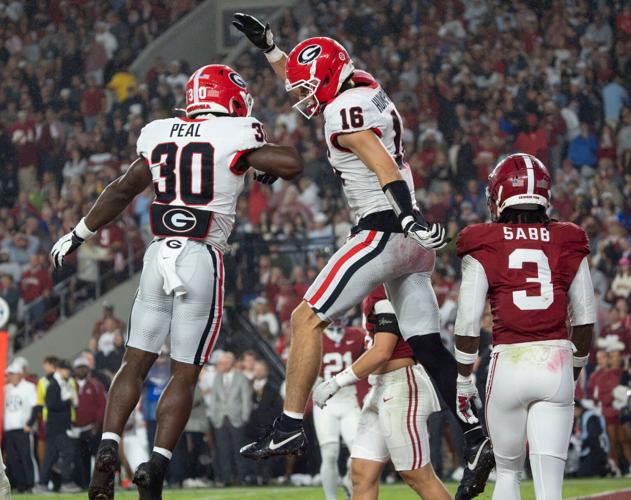 Oct 10, 2026; Tuscaloosa, Alabama, USA;  Georgia running back Nick Peal (30) celeb rates with Georgia wide receiver London