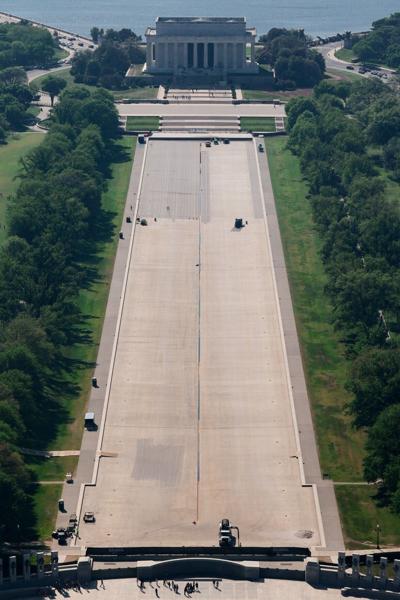 The Reflecting Pool is boarded up as it undergoes renovations in Washington