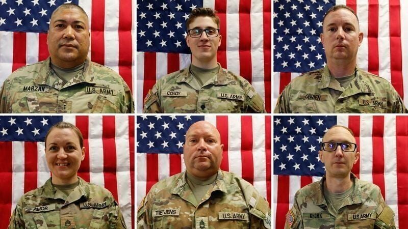 Clockwise from top left: Chief Warrant Officer 3 Robert Marzan, Sgt. Declan Coady, Maj. Jeffrey O'Brien, Capt. Cody Khork, Sgt. 1st Class Noah Tietjens and Sgt. 1st Class Nicole Amor.