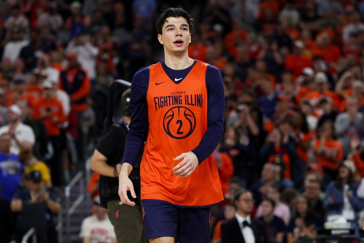 Illinois guard Andrej Stojakovic during practice before Saturday's Final Four semifinal against UConn, Friday, April 3, 2026, at Lucas Oil Stadium in Indianapolis.