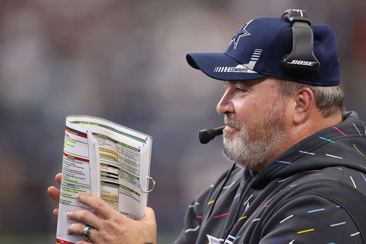 Head coach Mike McCarthy of the Dallas Cowboys looks on during the second half against the Carolina Panthers at AT&T Stadium on October 03, 2021 in Arlington, Texas.