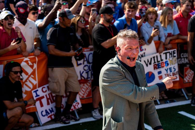 Pat McAfee speaks during McAfee’s “Kicking is Easy” Contest at ESPN’s College GameDay at The Grove in Oxford, Miss., on Saturday, Sept. 19, 2026. The GameDay visit for the Ole Miss-LSU game marks the return of head coach Lane Kiffin since leaving O