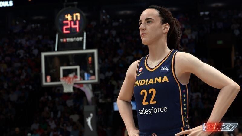 Here is Caitlin Clark featured in a gameplay screenshot of NBA 2K27, the game in which she is the deluxe edition cover athlete.