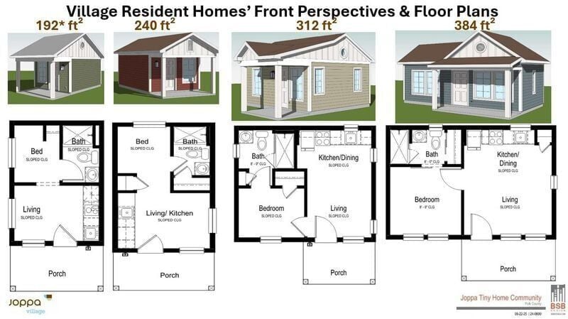 Floor plans for the tiny homes proposed for Joppa's housing project at 2501 Maury St.