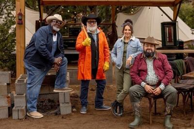 Host Andrew Zimmern, second from left, with judges Moe Cason, left, Ernest Servantes and Jess Pryles during the Big Burn: The Core Four Cook-Off challenge as seen on "Pitmasters," Season 1.