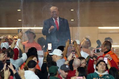 U.S. President Donald Trump looks on prior to a game between the Miami Hurricanes and the Indiana Hoosiers in the 2026 College Football Playoff National Championship at Hard Rock Stadium on Jan.19, 2026, in Miami Gardens, Florida.