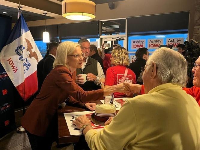 Republican U.S. Senate nominee Ashley Hinson greets Iowans after a get-out-the-vote rally in Ankeny on Thursday, Oct. 15, 2026.