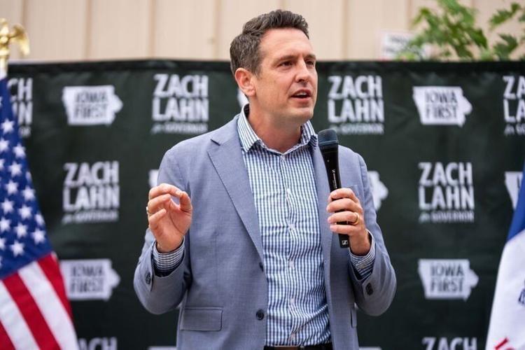 Republican gubernatorial candidate Zach Lahn speaks to supporters during a campaign stop in Bondurant on Oct. 13, 2026, at Founders Irish Pub.