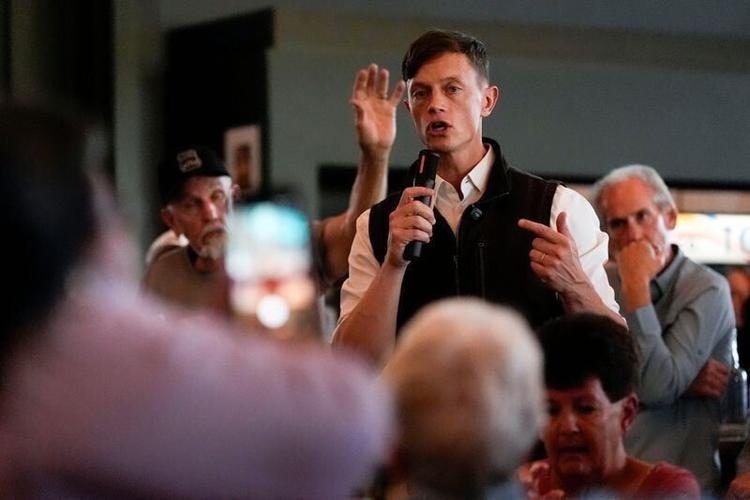 Iowa State Auditor and gubernatorial candidate Rob Sand speaks during a town hall Sept. 4, 2025 at Field Day Brewing Co. in North Liberty, Iowa.