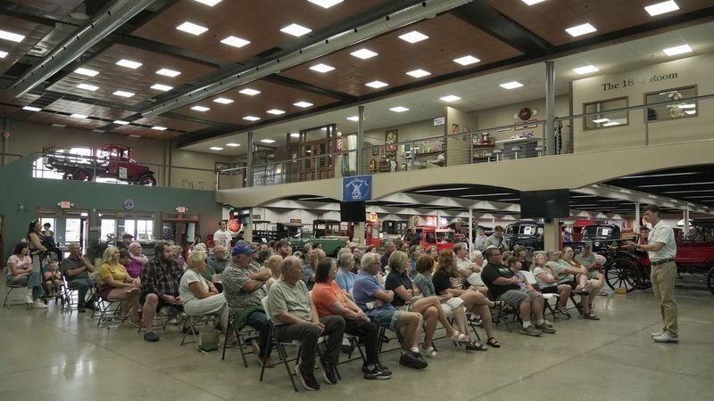 Iowa Democratic gubernatorial candidate Rob Sand speaks about his campaign during his 100 Town Hall tour on Tuesday, July 21, 2026, at Yesterday's Memories in Sanborn, Iowa.