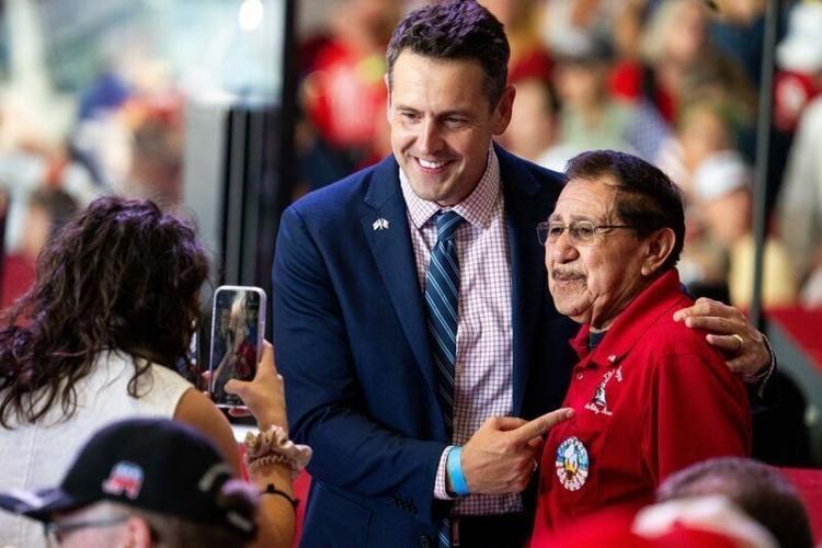 Republican gubernatorial candidate Zach Lahn meets with rally-goers ahead of President Donald Trump’s arrival on Oct. 22, 2026, in Sioux City.