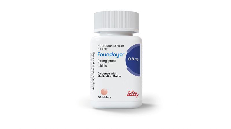 A bottle of Eli Lilly’s Foundayo weight-loss pills is show in an undated illustration.