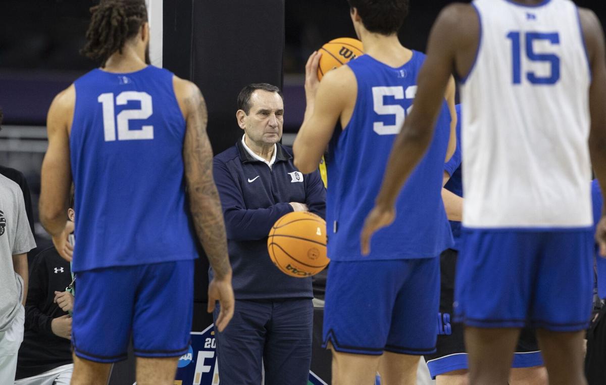 Duke coach Mike Krzyzewski watches his team during a public practice before the Final Four of the NCAA Tournament on Friday, April 1, 2022 at the Superdome in New Orleans.
