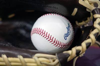 General view of a baseball in a glove during batting practice prior to the game at baseball game on on Apr 18, 2025.