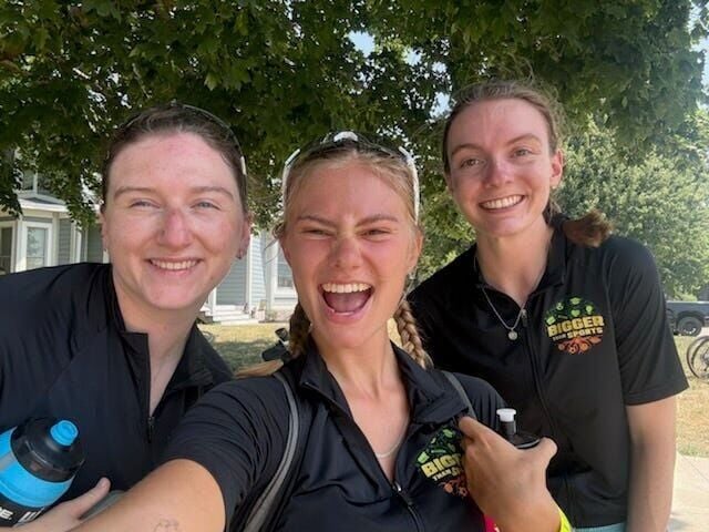 From left, Holland Gillis, Alayna Gibson and Sylvia Torkelson take a selfie before setting off on the RAGBRAI LIII ride in Onawa on July 19, 2026.