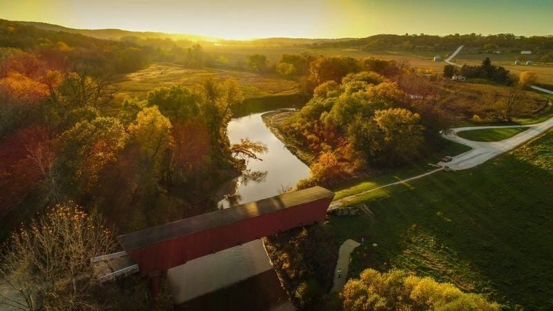 The Holliwell Covered Bridge is the longest of the bridges of Madison County, Iowa, spanning 122 feet, shown here Wednesday, Oct. 25, 2017, photographed via drone.