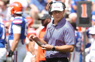Florida head coach Jon Sumrall monitors action during the Orange& Blue Game at Ben Hill Griffin Stadium on the UF campus in Gainesville, Florida, on April 11, 2026.