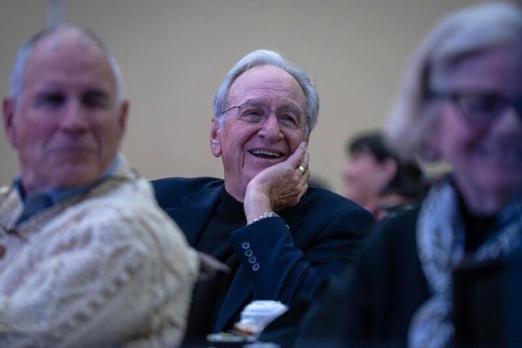 Former U.S. Senator Tom Harkin was recognized by current candidate for U.S. Senate Josh Turek during the Iowa Democratic Party’s Liberty and Justice Dinner at Iowa Event Center in Des Moines on Sunday, Nov. 9, 2025. Mandatory Credit: Bryon Houlgrave-The...