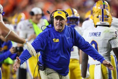 Pitt head coach Pat Narduzzi reacts after a touchdown in the second half against Virginia Tech at Lane Stadium on Friday, Oct. 2, 2026, in Blacksburg, Va..