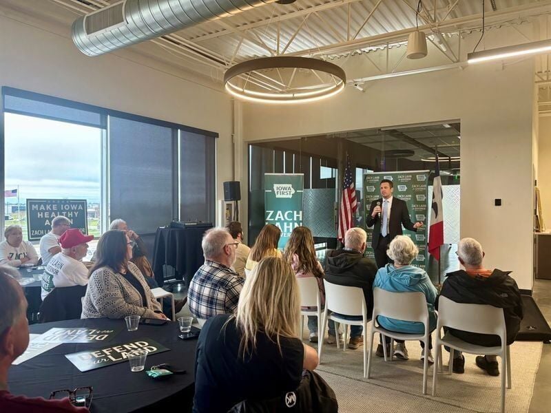 Republican gubernatorial candidate Zach Lahn speaks at a campaign event in Grimes, April 2, 2026.