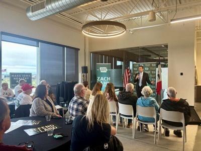 Republican gubernatorial candidate Zach Lahn speaks at a campaign event in Grimes, April 2, 2026.