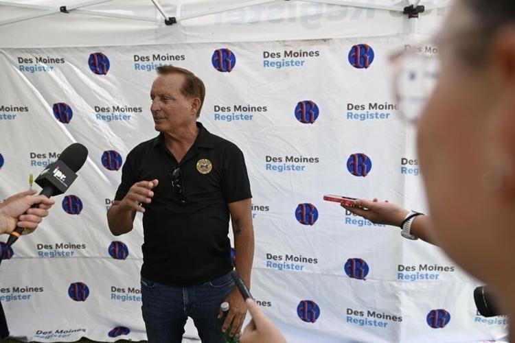 Republican candidate for Secretary of State Paul Pate speaks to the press at the Iowa State Fair on Aug. 17, 2026, in Des Moines.
