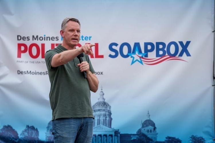 Dave Dawson, the Democratic candidate for Iowa's 4th Congressional District, speaks during the Soapbox at the Iowa State Fair Saturday, Aug. 15, 2026.